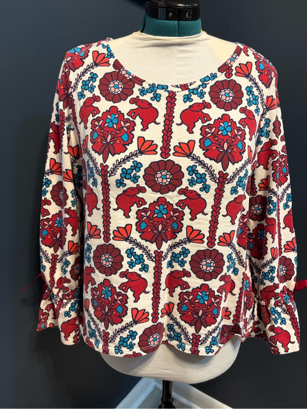 crown & ivy Cream Long-Sleeve Top with Red Floral & Teal Accents